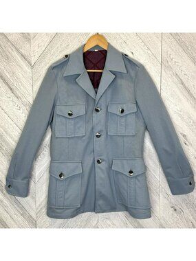 Vintage 70's Mens 40R Safari Jacket Leisure Blazer Polyester 4 Pocket Disco Blue